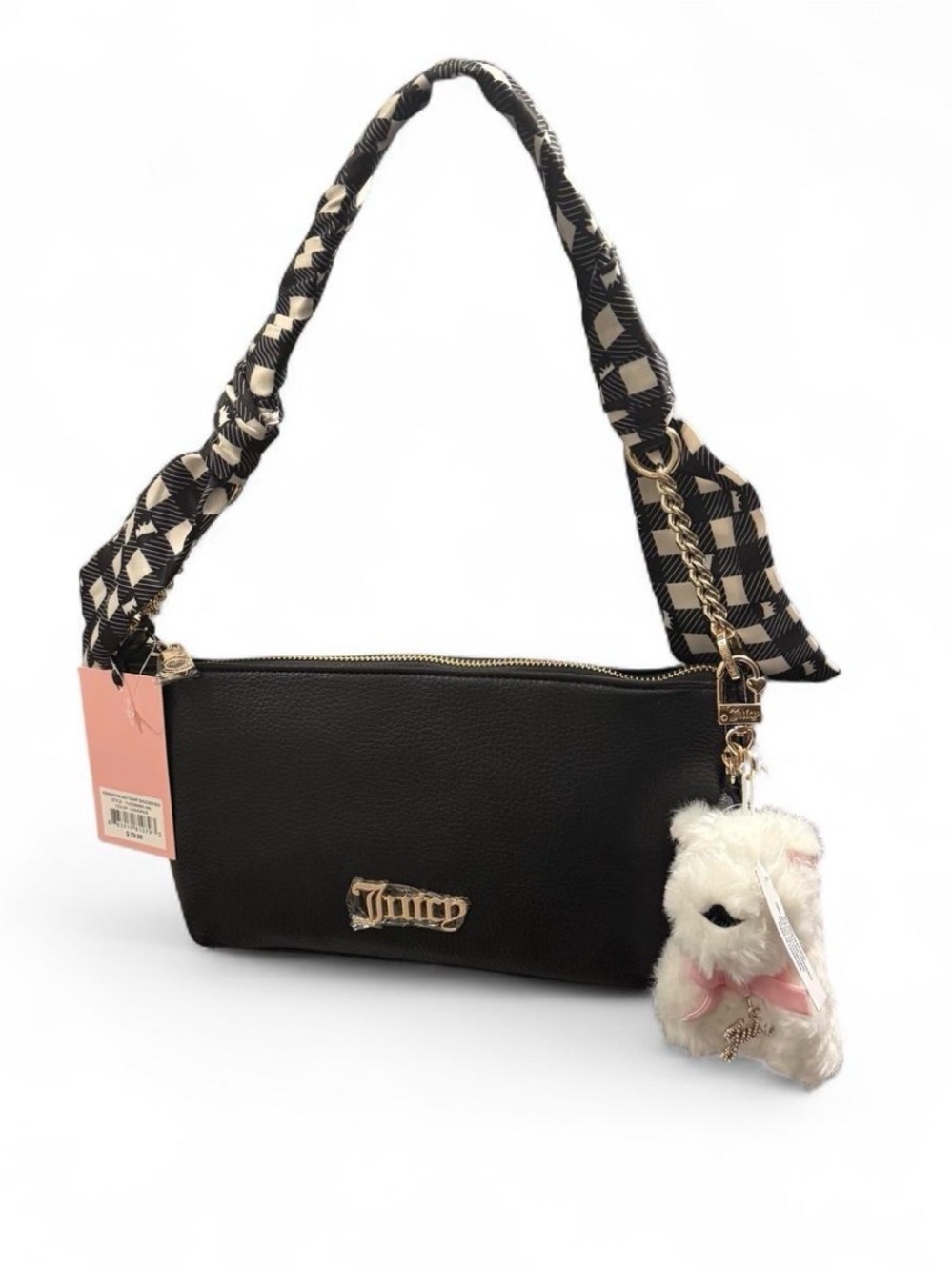 Juicy Couture Black Shoulder Bag with Checkered Strap and Plush Charm